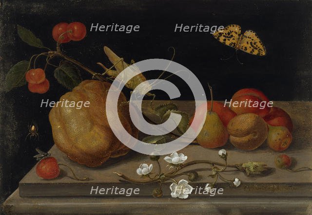 Still life with fruit, a grasshopper and a butterfly, Between 1670 and 1680. Creator: Merian, Maria Sibylla (1647-1717).