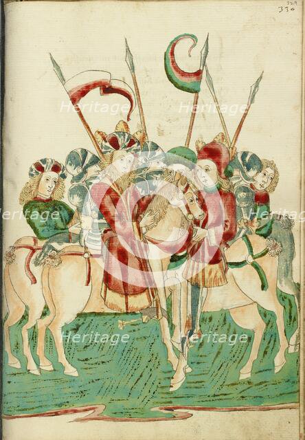 King Avenir and Josaphat Meet on Horseback, with Attendants; Barlaam und Josaphat, 1469. Creators: Hans Schilling, Diebolt Lauber.