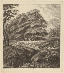 Cattle Resting in a Grove with a Man Seated beside a Brook, 1764. Creator: Salomon Gessner.