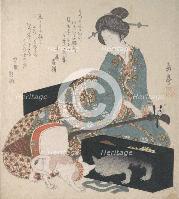 Woman Tuning a Shamisen and a Cat Looking at its Own Reflection, mid- 1820s. Creator: Gakutei.