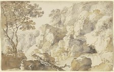 Rocky landscape with trees, a waterfall, and two hikers..., late 18th century. Creator: Franz Kobell.