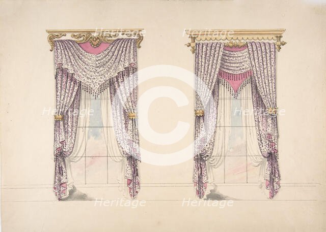 Design for Curtains with Purple, White and Mink Fabric, Purple Fringes and..., early 19th century. Creator: Anon.