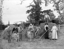 Convalescent soldiers helping women and children with haymaking, Great Dixter, East Sussex, 1916. Artist: Nathaniel Lloyd
