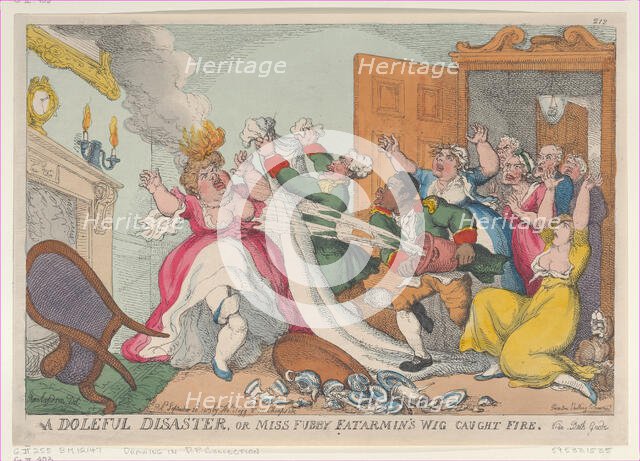 A Doleful Disaster, or Miss Fubby Fatarmin's Wig Caught Fire, September 20, ..., September 20, 1813. Creator: Thomas Rowlandson.
