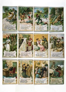 The scale of life. Collection of stickers for the firm Chocolates Amatller, published in 1902. Creator: Mestres, Apeles (1854 - 1936).