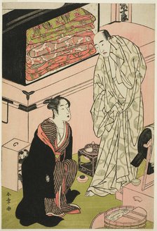 The Actor Sawamura Sojuro III (right), in His Dressing Room in Conversation with the..., c. 1780/83. Creator: Shunsho.