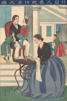 Foreign Family with Wife Making Clothes, 1860. Creator: Yoshikazu.