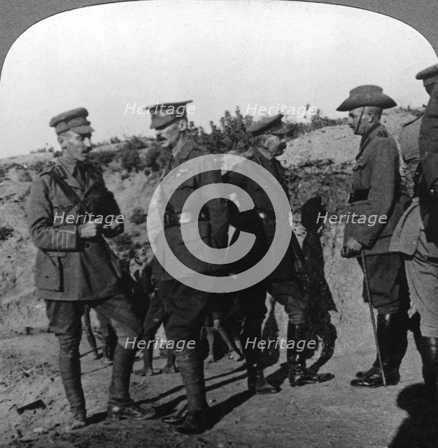 Lord Kichener reviews the situation at Gallipolli with ANZAC officers, World War I, 1915-1916.Artist: Realistic Travels Publishers