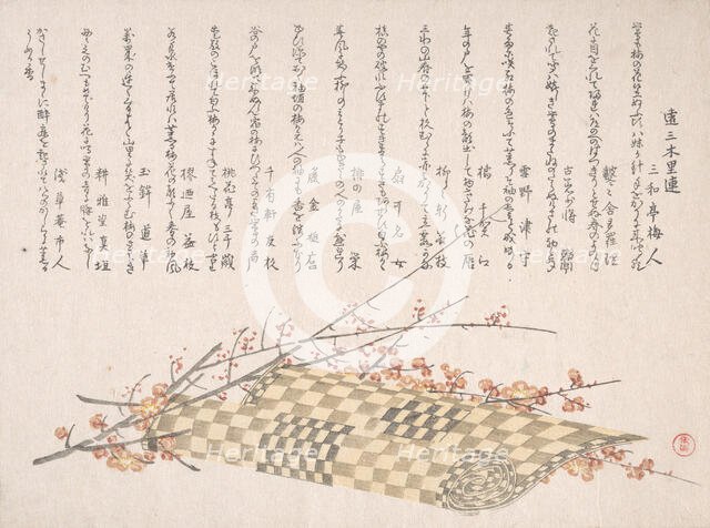 Plum Branches with Flowers and a Rolled Mat, 19th century. Creator: Kubo Shunman.