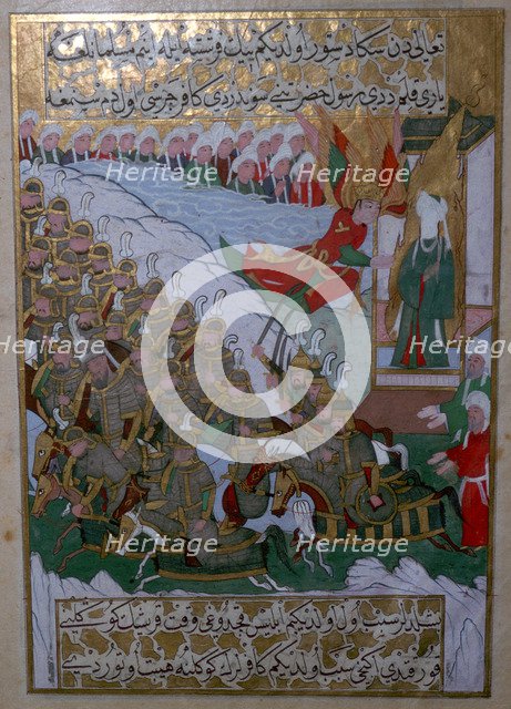 Islamic illustration of the Archangel Gabriel helping the armies of Muhammed. Artist: Unknown