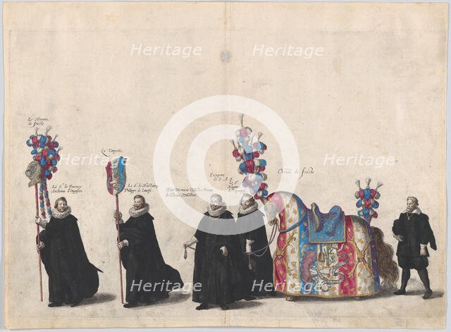 Plate 51: Courtiers with jousting equipment marching in the funeral procession of Archduke..., 1623. Creator: Cornelis Galle I.