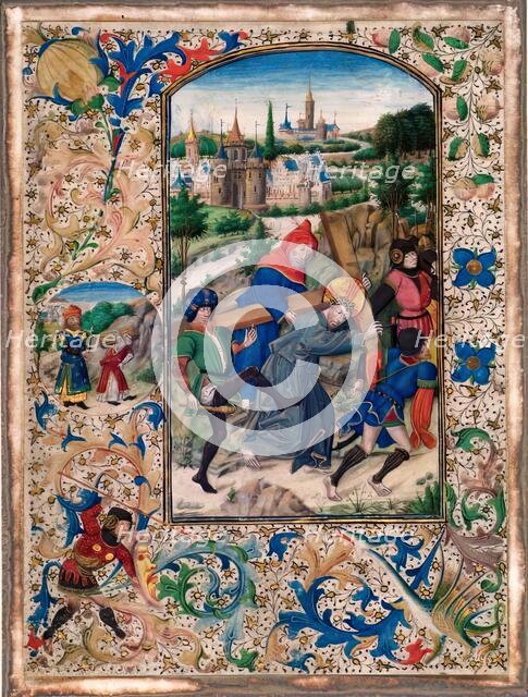 Simon Assists in Carrying The Cross-One of four Illuminated pages from a Book of Hours, c1430-1450. Creator: Unknown.