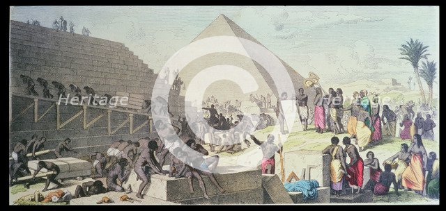 Construction of a pyramid, engraving, 1862.