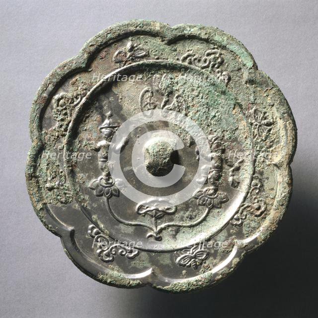 Lobed Mirror with Acrobats on Lotus Blossoms, early 7th Century - early 10th Century. Creator: Unknown.