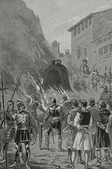 Insurgents forced to drink the molten liquid of the bells as a punishment, 1348, (1890).  Creator: Joan Serra y Pausas.
