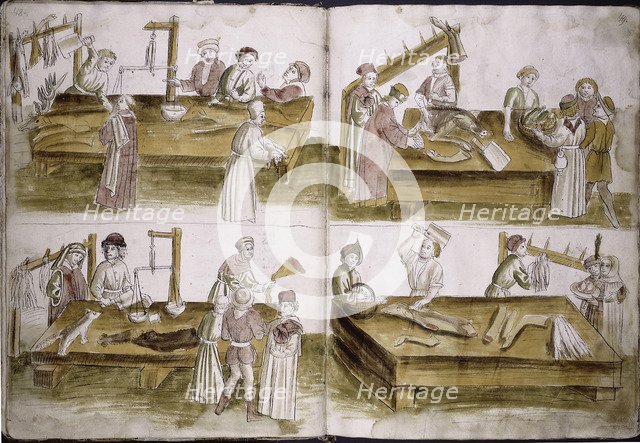 Scene from market life with butchers (from: Ulrich Richental Chronicle of the Council of Constance), 1414-1418. Artist: Anonymous  