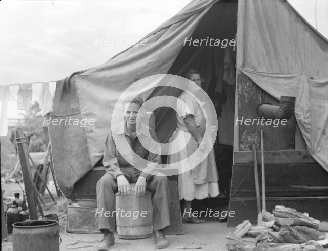 Part of migrant family of five, encamped near Porterville, California, 1936. Creator: Dorothea Lange.