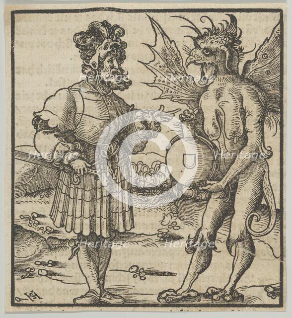The Devil Offering Poison to a Knight, from Hymmelwagen auff dem, wer wol lebt..., 1517. Creator: Hans Schäufelein the Elder.