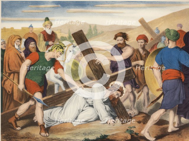 Via Crucis. Seventh station. Jesus falls the second time. Drawing by Pascual. Barsal Editions, Ba…