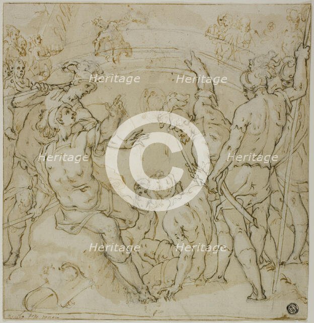 Study for the Duel between Heraclius and Khosrau (r); Sketches of Seated Figure (v), 1582. Creator: Niccolo Circignani.