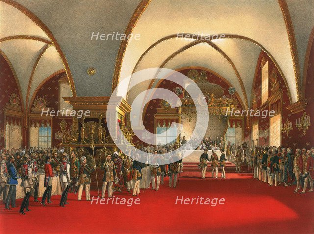 Coronation banquet in the hall of the Palace of the Facets in the Moscow Kremlin, 1856.  Artist: Georg Wilhelm Timm