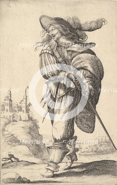 A gentleman, walking towards the left and drawing his sword from the sheath, wearing a plu..., 1629. Creator: Abraham Bosse.