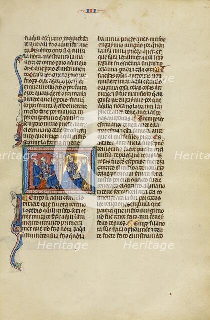 Initial E: A Man Standing before a Judge Pointing to a Fire and Two Men before..., about 1290-1310. Creator: Unknown.