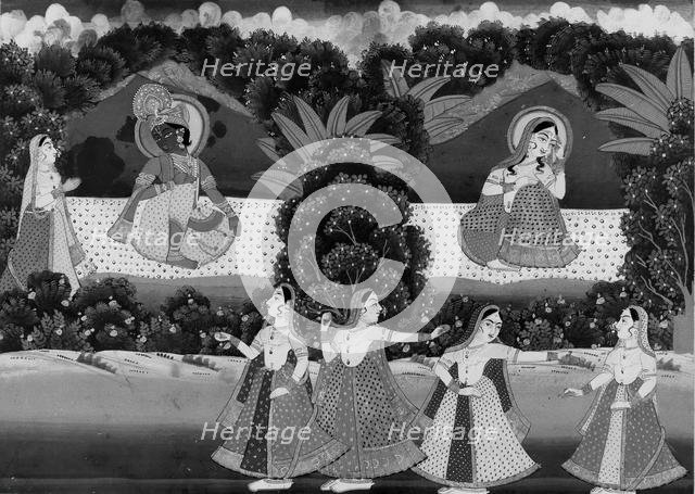 Krishna and Radha Seated on a Platform in Landscape with Dancers...late 19th-early 20th century. Creator: Unknown.