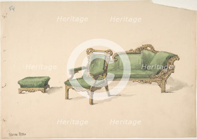 Design for a Gilded Settee, Arm Chair and Footstool with Green Upholstery, early 19th century. Creator: Anon.