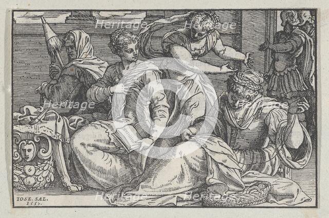 Lucretia instructing her daughters in needlework, 1557. Creator: Giuseppe Porta.