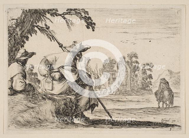 Plate 5: two pilgrims with hats rest to the left, seen from behind, a horseman rides towar..., 1642. Creator: Stefano della Bella.