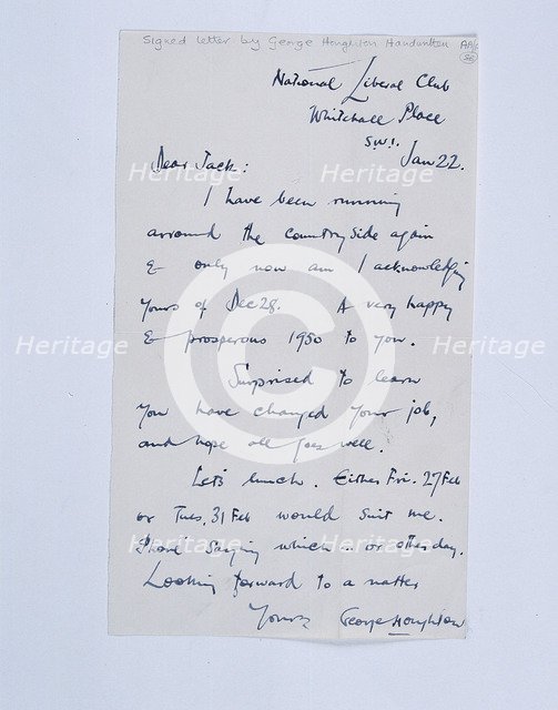 Handwritten letter by golfing author and cartoonist George Houghton, c1950s. Artist: George Houghton