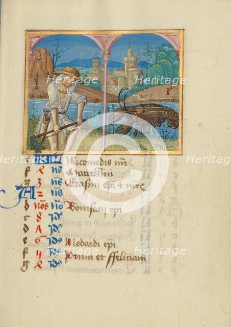 June Calendar Page: Mowing: Cancer; Book of Hours, early 16th century. Creator: Unknown.