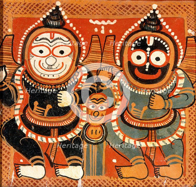 Balarama and Jagannath raising their right hands and holding their left hands in..., c1880/1910.. Creator: Painter of Puri, Odisha.