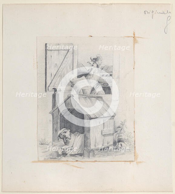 Dog in doghouse; cock singing at window, ca. 1842. Creator: Jean Ignace Isidore Gerard.