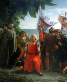 Christopher Columbus, first landed in America, oil, 1862.