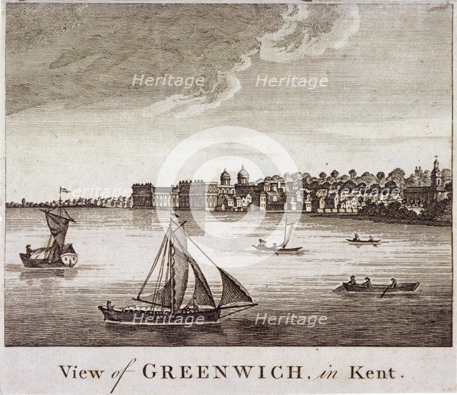 View of Greenwich with boats on the River Thames in the foreground, London, 1780. Artist: Anon
