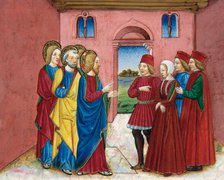 Miniature depicting the Pharisees bringing before Jesus a woman accused of adultery, 1476.  Creator: Cristoforo De Predis.