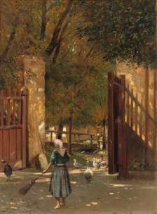 Sweeping the courtyard, 1902. Creator: Eduard Majsch.