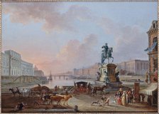 La Monnaie, Le Pont Royal and the Louvre, viewed from the Pont-Neuf, around 1775, c1775. Creator: Jean-Baptiste Lallemand.