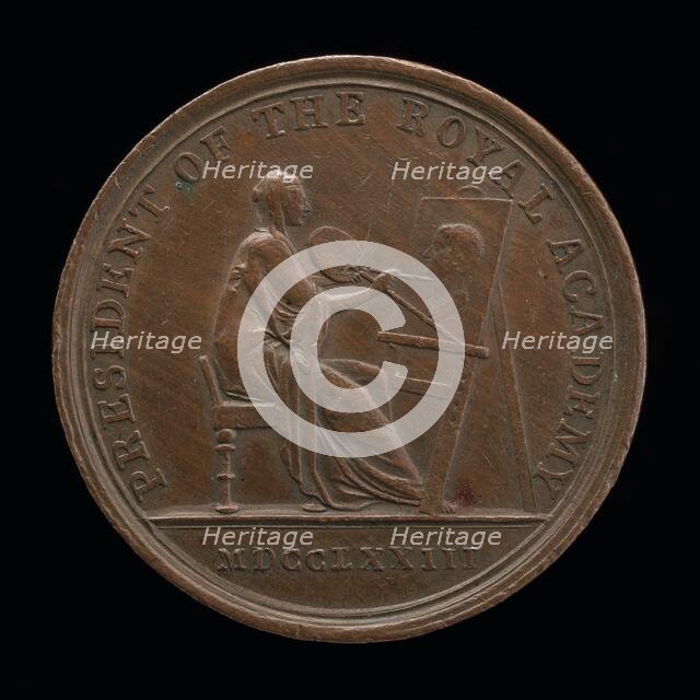 Personification of Painting at an Easel Portraying Sir Joshua Reynolds [reverse], 1773. Creator: John Kirk.