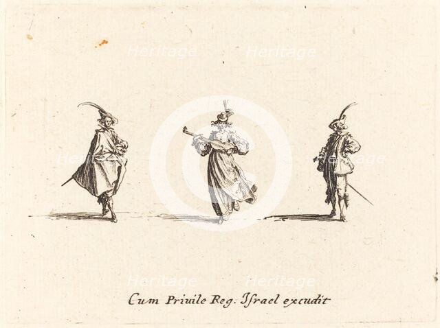 Lady with String Instrument, and Two Gentlemen, probably 1634. Creator: Jacques Callot.
