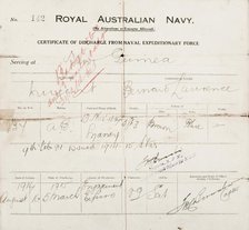 Certificate of discharge for Bernard Laurence 'Barney' Nugent from the Naval Expeditionary Force. Creator: Murphy.