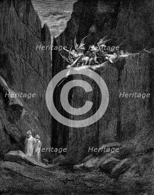Dante protected by Virgil from harm by demons, 1863. Artist: Gustave Doré