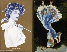 Two chromolith postcards of women golfers, 1905 and 1907. Artist: Unknown