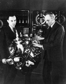 Henry and Edsel Ford with a Ford V8 engine, (c1940s?). Artist: Unknown