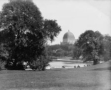 Central Park, New York, boat pond and Temple Beth-El, ca 1900. Creator: Unknown.