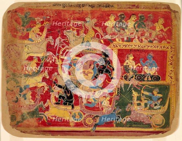 Battle of the Forces of Krishna and Bana, from a copy of the Dispersed Bhagavat Purana, c1520-30. Creator: Unknown.