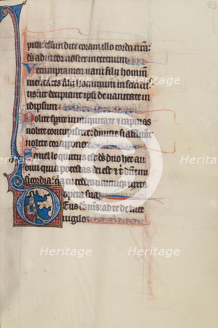 Initial D: David as a Knight Holding a Sword; Bute Psalter, text and illumination about 1285. Creator: Bute Master.