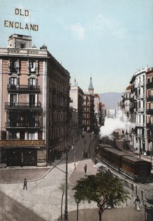 View of Balmes Street, Barcelona, at the end of 19th century, color postcard.